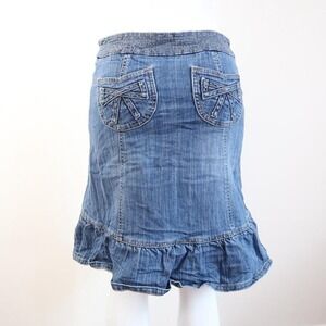 y2k ruffle hem denim mini skirt bow back pockets coquette